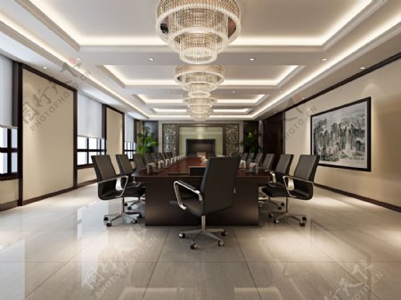 现代高端时尚浅色瓷砖地板会议室工装装修图