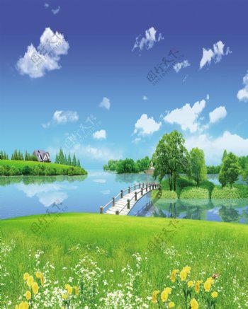 湖边小桥流水蓝天白云移门画