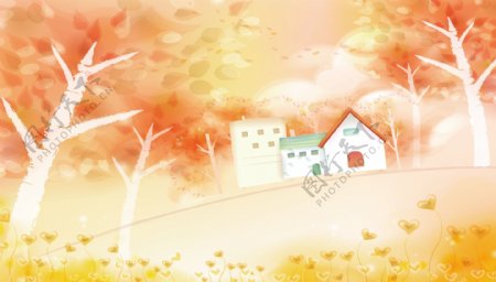 秋季手绘儿童房背景墙图片