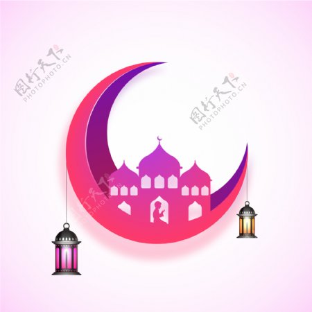 美丽的清真寺和挂着灯笼的3DPinkMoonRamadanKareem的创作背景穆斯林社区节日的概念