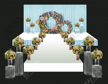 蓝色花朵小清新婚礼舞台效果图