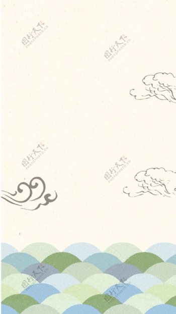 手绘云朵彩色扇形花纹H5背景素材