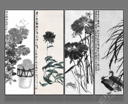 新中式花鸟国画客厅四联工笔画