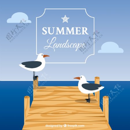 夏季海边木桥上的海鸥矢量