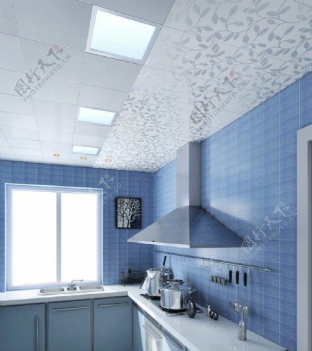 蓝色现代简约厨房吊顶造型设计效果图