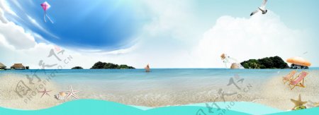 蓝色大海沙滩banner背景素材