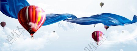 天空热气球蓝色彩带淘宝banner背景
