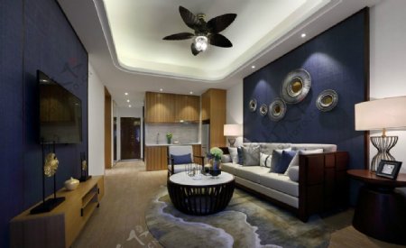 现代时尚客厅深蓝色背景墙室内装修效果图