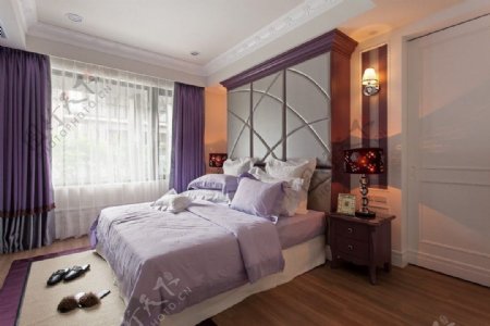 现代时尚卧室紫色窗帘室内装修效果图
