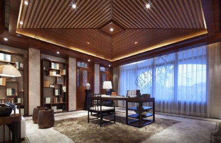 新中式时尚书房金色条纹吊顶室内装修效果图