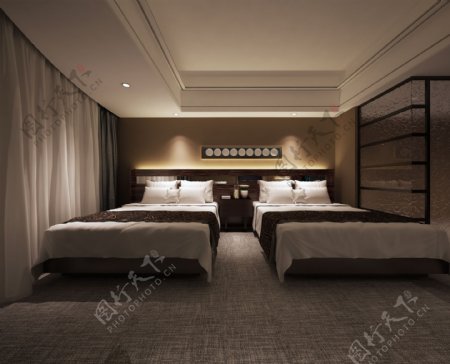 现代时尚卧室双人床白色窗帘室内装修效果图