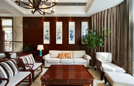中式时尚室内客厅背景墙效果图