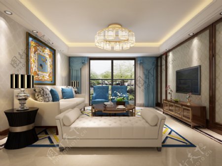 美式清新客厅蓝色沙发椅室内装修效果图