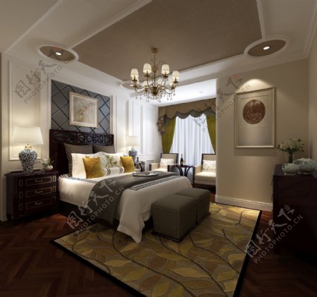 现代高端卧室黄色树叶图案地毯室内效果图