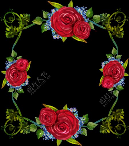 手绘复古红玫瑰框架花纹png透明素材