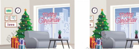 卡通室内圣诞树沙发装饰插画