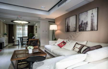 现代时尚清雅客厅白色沙发室内装修效果图