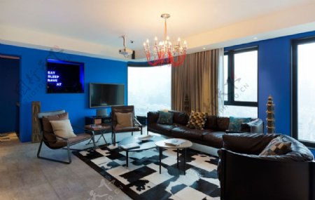 蓝色壁纸客厅现代效果图