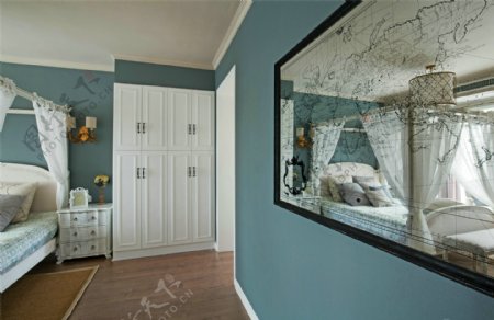 北欧清新卧室蓝灰色背景墙室内装修效果图
