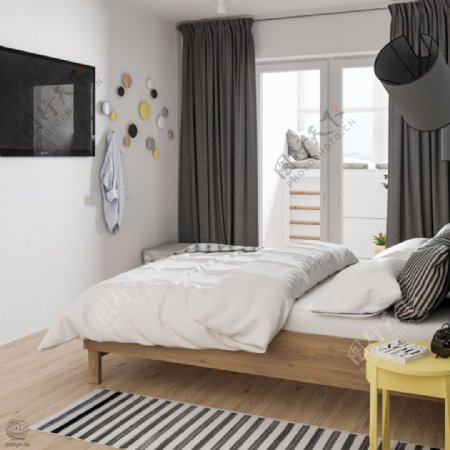 现代简约卧室黑白条纹地毯室内装修效果图