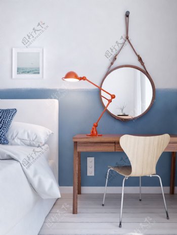 清新海洋气息蓝色背景墙卧室室内装修效果图