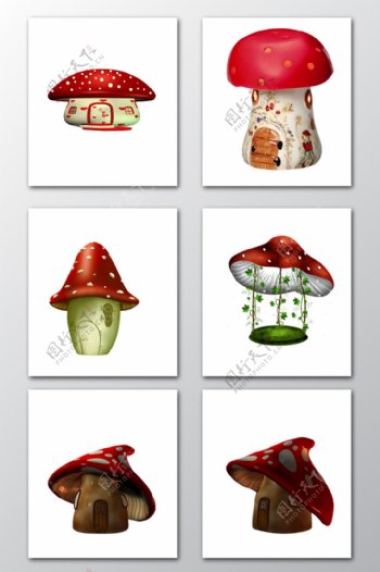卡通红色可爱蘑菇房子童话PNG素材