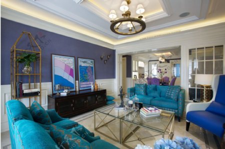 现代时尚紫蓝色背景墙室内装修效果图