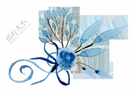 彩绘蓝色淡雅长叶子玫瑰花朵png元素