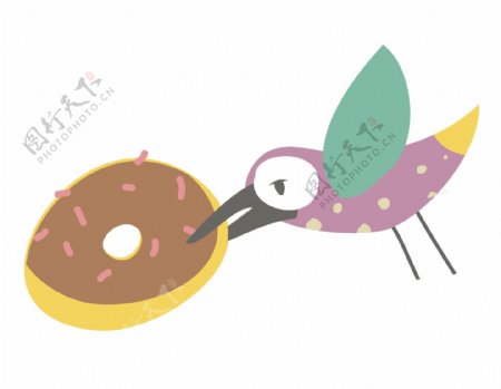 卡通彩绘小鸟甜甜圈png元素