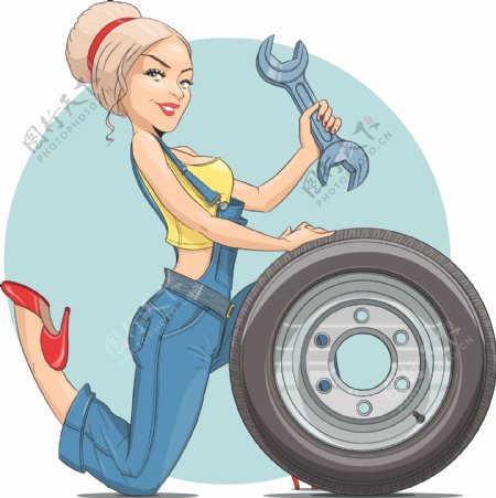 趣味女性汽车修理工插画
