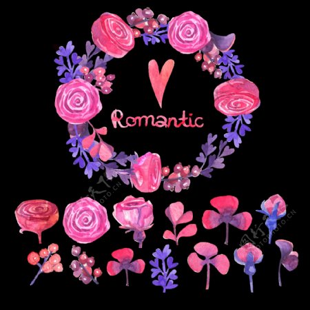 浪漫玫瑰花手绘花环装饰元素