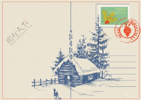 圣诞雪景邮票ai矢量素材下载