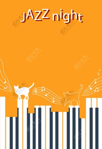 卡通钢琴键猫咪海报背景素材