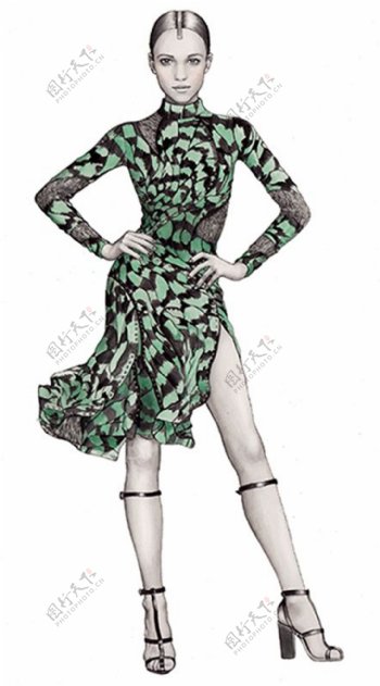 风情万种绿色花纹裙子女装效果图