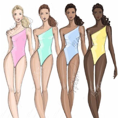 4款彩色女式泳衣设计图