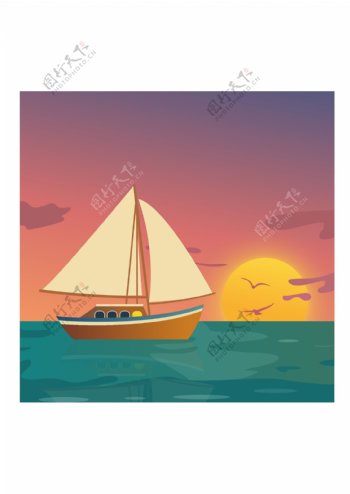 夕阳轮船航海风景插画