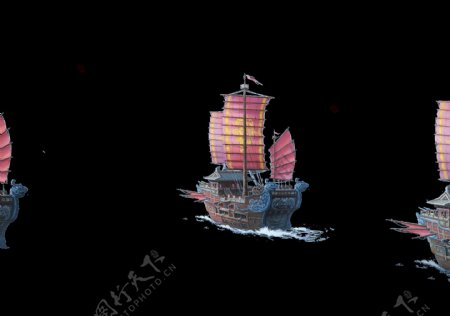 中国古代轮船巡视插画PNG元素