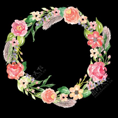 雅致粉色花朵手绘花环装饰元素
