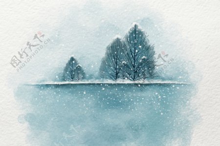 唯美手绘水彩雪景无分层