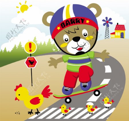 小熊玩滑板可爱卡通绘画