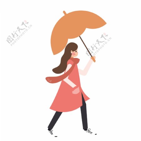 手绘卡通撑雨伞迎风走路的长发美女