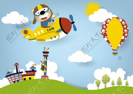 清新欢乐小熊直升机儿童插画