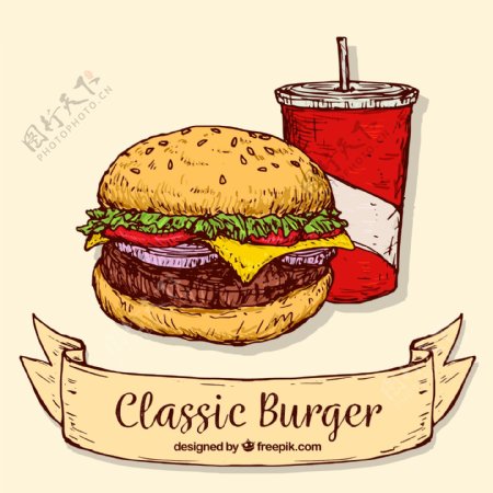 彩绘美味汉堡包和可乐矢量图