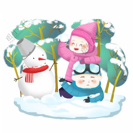 冬季打雪仗卡通儿童可商用场景插画2