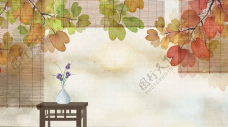 古典竹卷帘叶子花瓶背景
