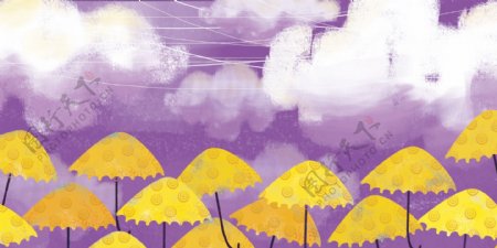 紫色太空下的伞噪点插画背景