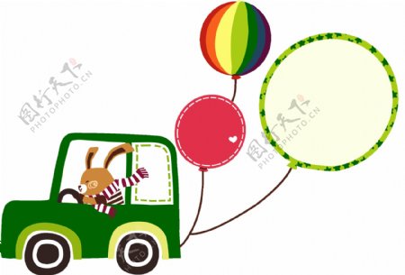 卡通小兔子开汽车绑着气球png元素