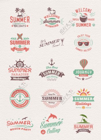 卡通彩色夏日度假旅行标签矢量图