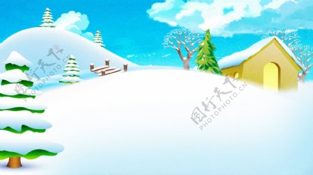 童话风可爱雪地松树冬季背景