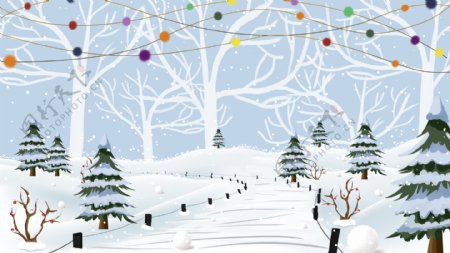 圣诞节雪地彩灯松树背景设计